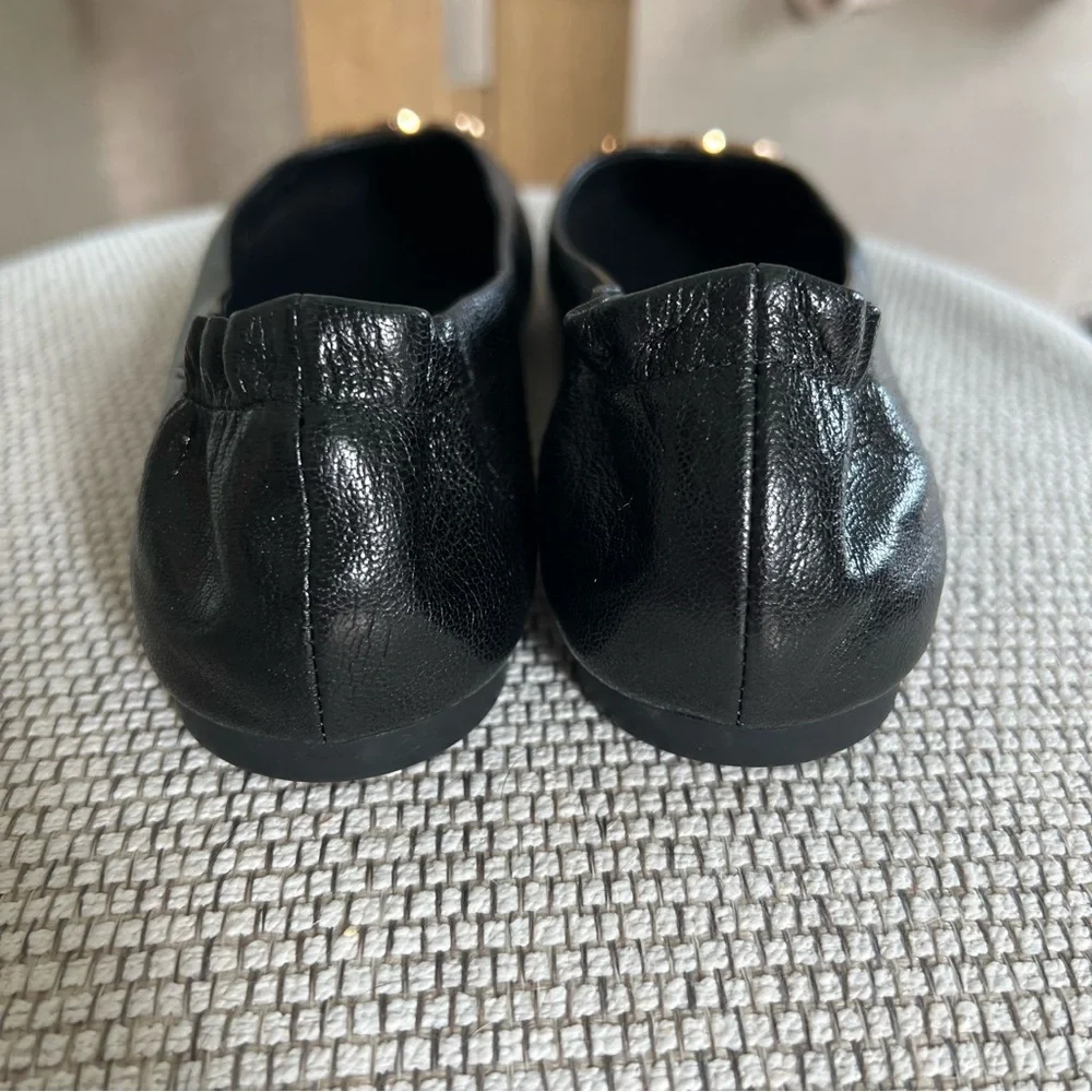 Tory Burch Claire Leather Ballet Ballerina Flats in Black Gold Hardware NWOB